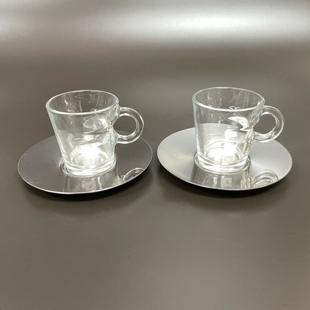 Nestle Nespresso View Expresso Cups and Saucers 2 Sets Glass Stainless‎ Steel